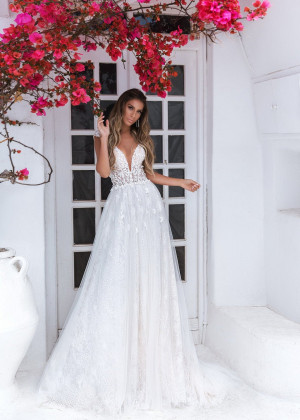 Beaded V Neck Ivory Lace Tulle Sparkle Wedding Dress